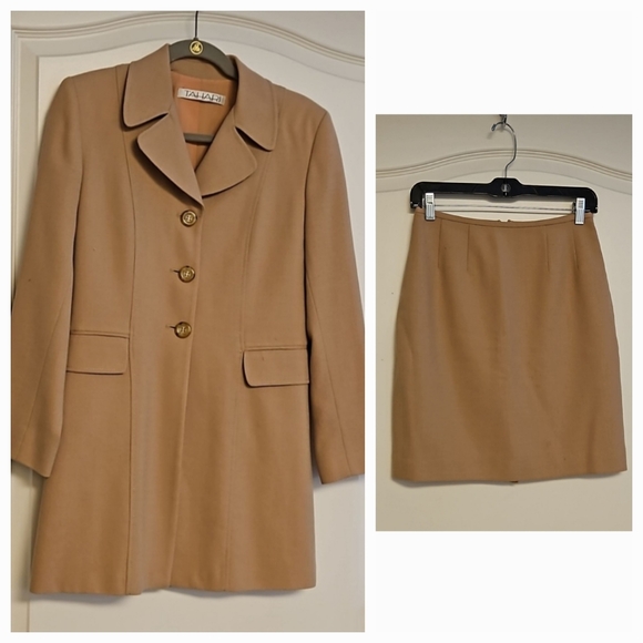 Tahari Other - Tahari 100% Classic Wool Suit Jacket & Skirt Beige Tan Womens Size 4 Fully Lined